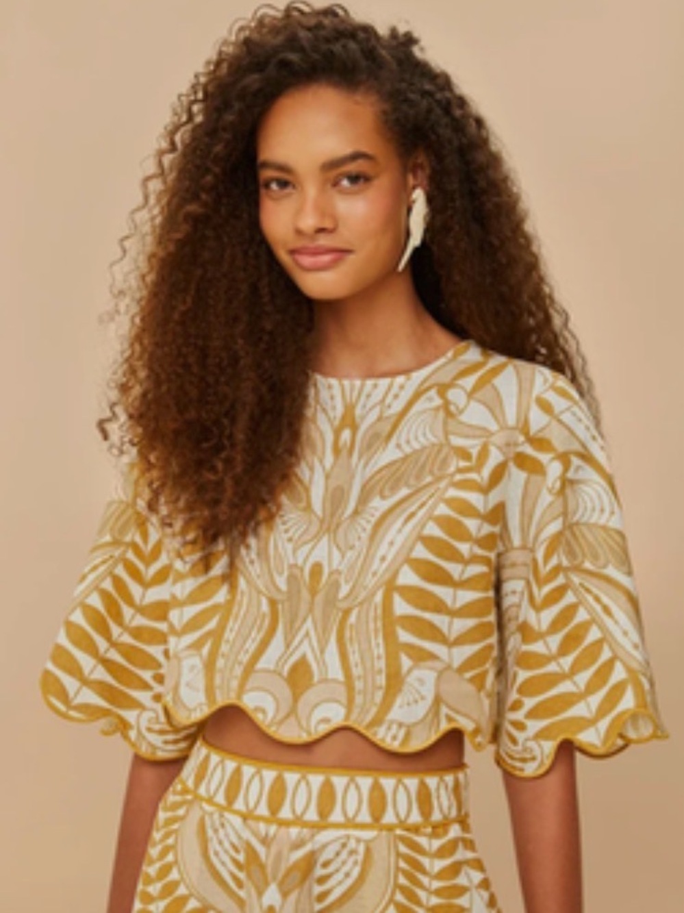 FarmRio Yellow & Cream Scallop-Hem Printed Crop Top
